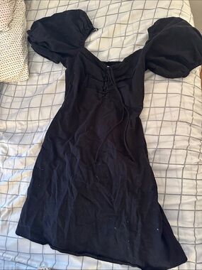 H&M Black Puff-Sleeve Lace-Up Mini Dress
